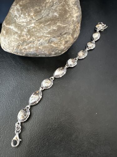 White Buffalo Turquoise 8-Stone Navajo Sterling Silver Link Bracelet 8" | Handmade | 16379
