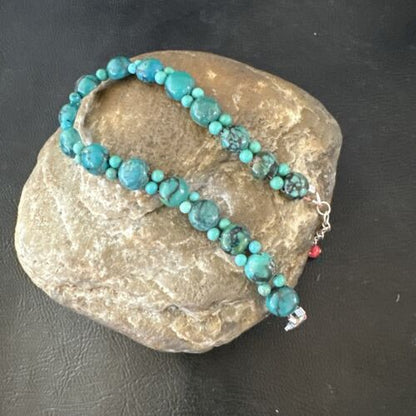 Navajo Blue Turquoise Bead Bracelet | Sterling Silver Link | 8" | Authentic Native American Handmade | 17230