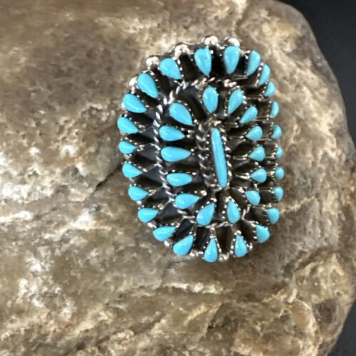 Navajo Blue Turquoise Cluster Ring | Authentic Native American Sterling Silver | Multi-Stone | Adjustable Sz 7 | 15705