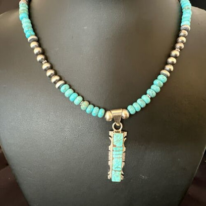Men's and Women's Turquoise #8 Inlay Pendant Necklace | Navajo Sterling Silver | Authentic Native American Handmade | 17075