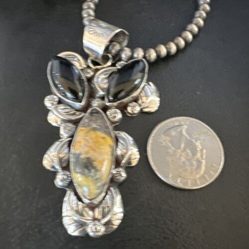 Men's Navajo Pearls Onyx Bumblebee Jasper Pendant | Sterling Silver | Multi-Stone Necklace | 15415