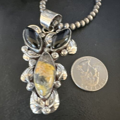 Men's Navajo Pearls Onyx Bumblebee Jasper Pendant | Sterling Silver | Multi-Stone Necklace | 15415