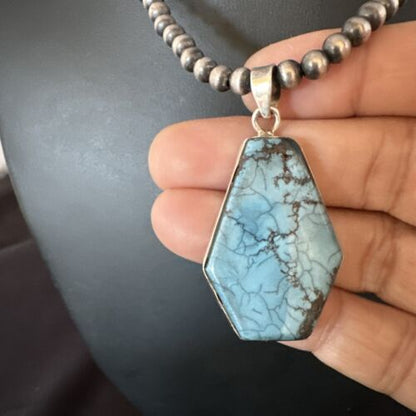 Men's Spiderweb Turquoise Pendant | Navajo Pearls Sterling Silver Necklace | Authentic Native American Handmade | 15533