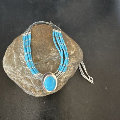 Navajo Green Turquoise Pendant Heishi Necklace| 5-Strand Sterling Silver | 18" | Authentic Native American Handmade | 17177