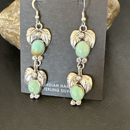 Navajo Blue Green Turquoise Dangle Earrings | Sterling Silver | 1.5" | Authentic Native American Handmade | 17385