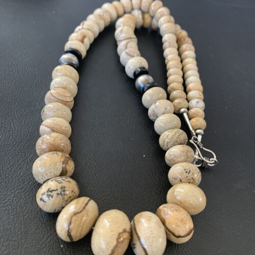 Native American Women's Graduated Picture Jasper & Onyx Necklace | Sterling Silver 26" | 1767