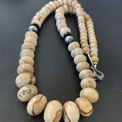 Native American Women's Graduated Picture Jasper & Onyx Necklace | Sterling Silver 26" | 1767