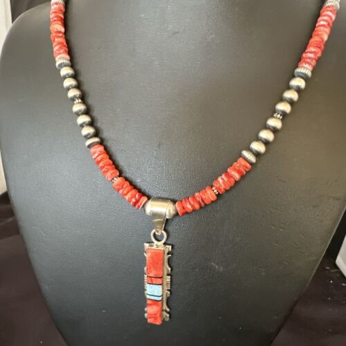 Navajo Red Spiny Oyster Opal Pendant Necklace | Sterling Silver Inlay | Authentic Native American Handmade | 16885