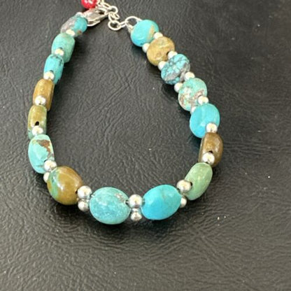 Southwestern Blue Turquoise Bead Link Bracelet | Sterling Silver | 8" | 17234