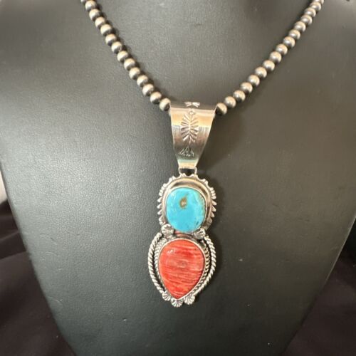Navajo Blue Kingman Turquoise Spiny Pendant Necklace | Sterling Silver | Multi-Stone | 16824