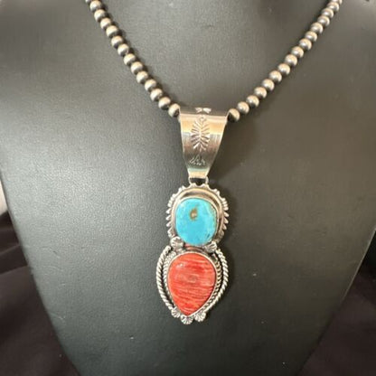 Navajo Blue Kingman Turquoise Spiny Pendant Necklace | Sterling Silver | Multi-Stone | 16824