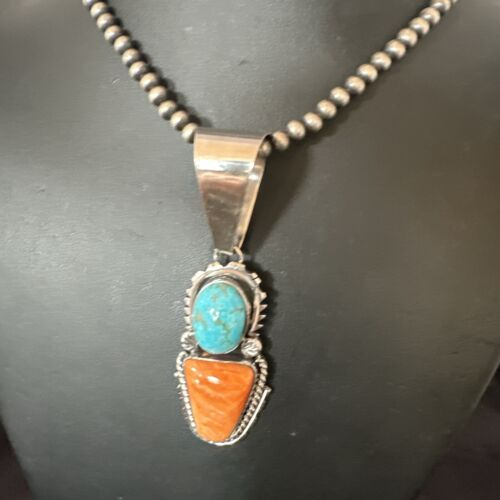 Navajo Blue Kingman Turquoise Spiny Pendant Necklace | Sterling Silver | Multi-Stone | 16825