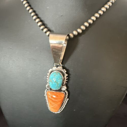 Navajo Blue Kingman Turquoise Spiny Pendant Necklace | Sterling Silver | Multi-Stone | 16825