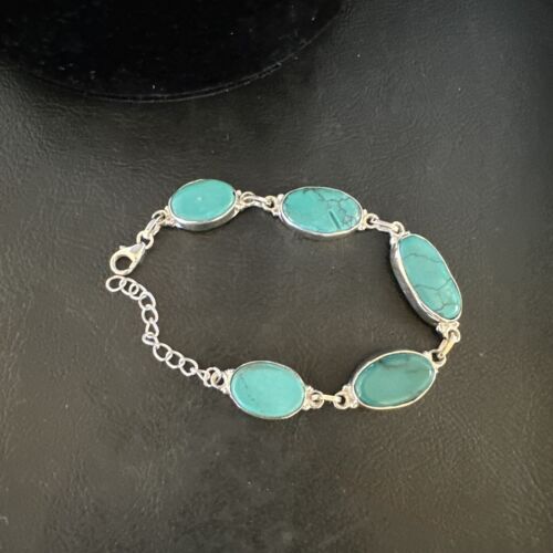 Navajo Blue Turquoise Link Bracelet | Sterling Silver | 8" | Authentic Native American Handmade | 15474