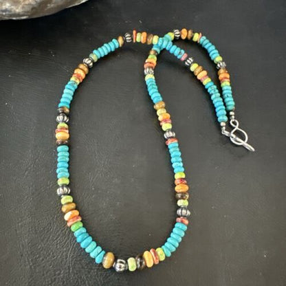 Navajo Blue Turquoise Spiny Oyster Necklace | Sterling Silver | 19" | Authentic Native American Handmade | 17490