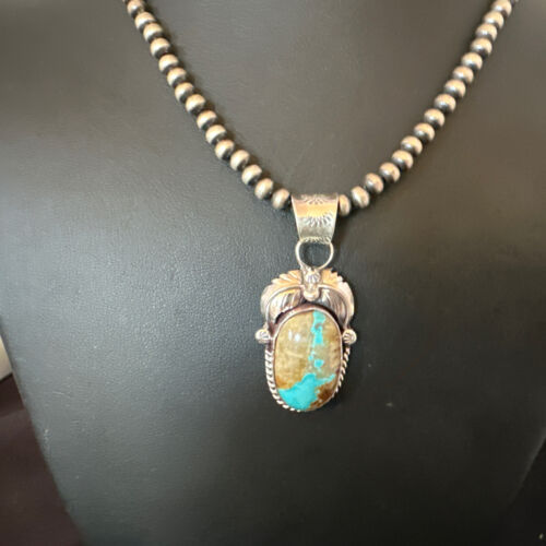 Navajo Blue Boulder Turquoise Necklace Pendant | Sterling Silver | Authentic Native American Handmade | 16139