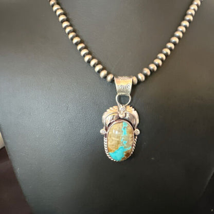Navajo Blue Boulder Turquoise Necklace Pendant | Sterling Silver | Authentic Native American Handmade | 16139
