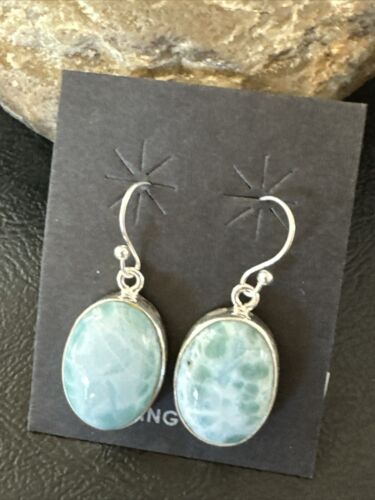 Navajo Blue Larimar Dangle Earrings | Sterling Silver | Authentic Native American Handmade | 17299