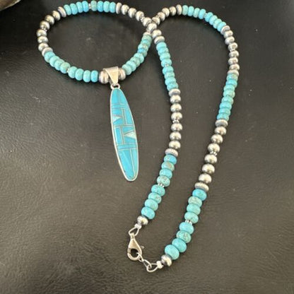 Navajo Blue Kingman Turquoise Opal Inlay Pendant | Sterling Silver Necklace | Authentic Native American Handmade | 16645 - Masha USA