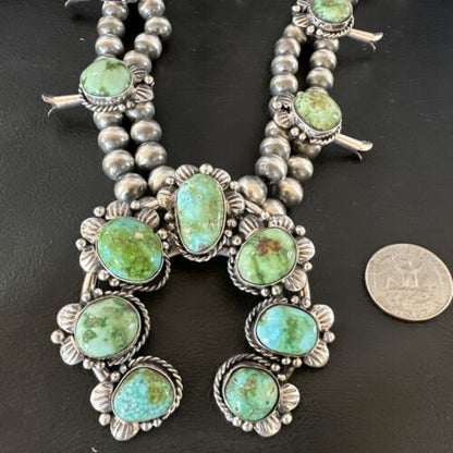 Navajo Green Sonoran Gold Turquoise Squash Blossom Necklace Pendant | Sterling Silver | Native American Handmade | 16546