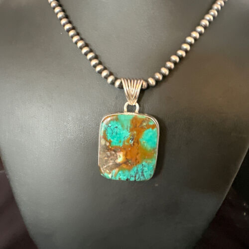 Navajo Blue Spiderweb Turquoise Pendant | Sterling Silver Necklace with Pearls | Authentic Native American Handmade | 15569