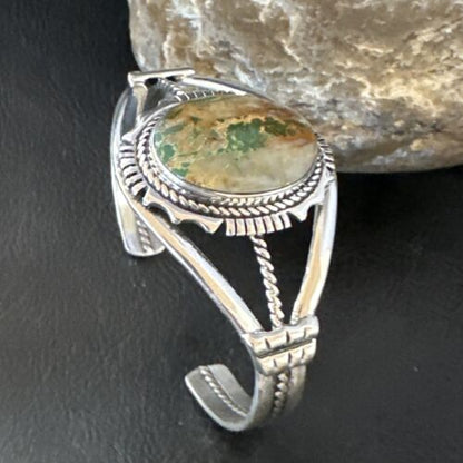 Navajo Green Boulder Turquoise Cuff Bracelet | Sterling Silver | Authentic Native American Handmade | 16245