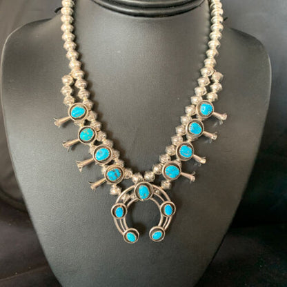 Navajo Kingman Turquoise Squash Blossom Necklace | Sterling Silver | Authentic Native American Handmade | 13678