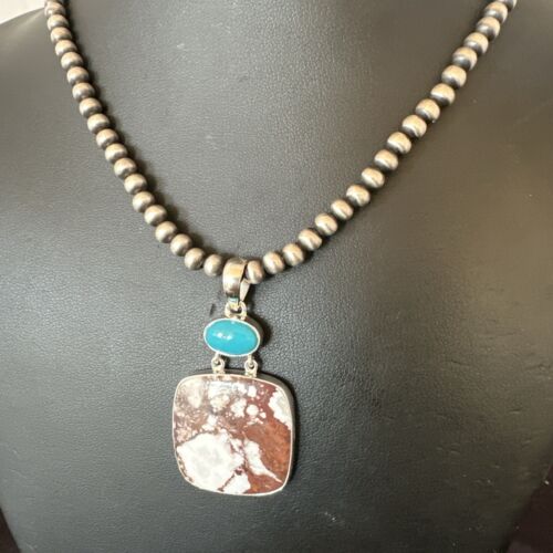 Men's Wild Horse Blue Kingman Turquoise Necklace | Sterling Silver SW Pendant | Multi-Stone | 17324