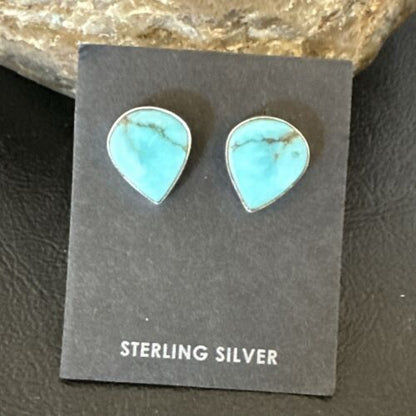 Navajo Blue Kingman Turquoise Post Stud Earrings | Sterling Silver | Authentic Native American Handmade | 17467