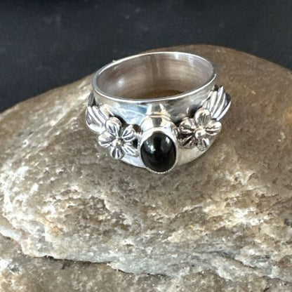 Navajo Black Onyx Leaf Flower Ring | Sterling Silver | Sz 7.5 | Authentic Native American Handmade | 17371
