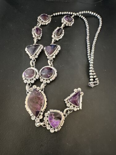 Navajo Sugilite Lariat Necklace | Sterling Silver Pendant | 30" | Authentic Native American Handmade | 16753