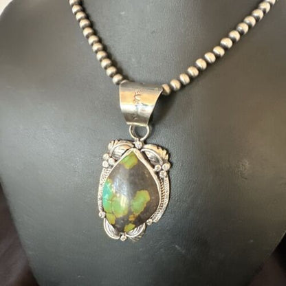 Men's Navajo Green Turquoise Pendant Necklace | Sterling Silver | Authentic Native American Handmade | 17526