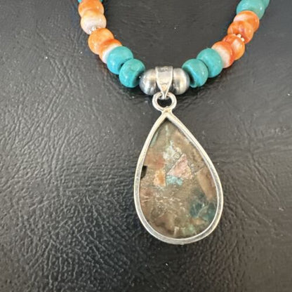 Navajo Spiny Turquoise Pendant Necklace | Sterling Silver | 22" | Authentic Native American Handmade | 17414