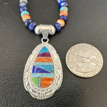 Navajo Spiny Oyster Turquoise Lapis Inlay Pendant Necklace | Sterling Silver | 21" | Authentic Native American Handmade | 16629