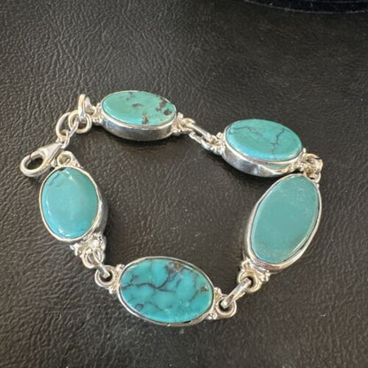 Navajo Blue Turquoise Link Bracelet | Sterling Silver | 8" | Authentic Native American Handmade | 15471