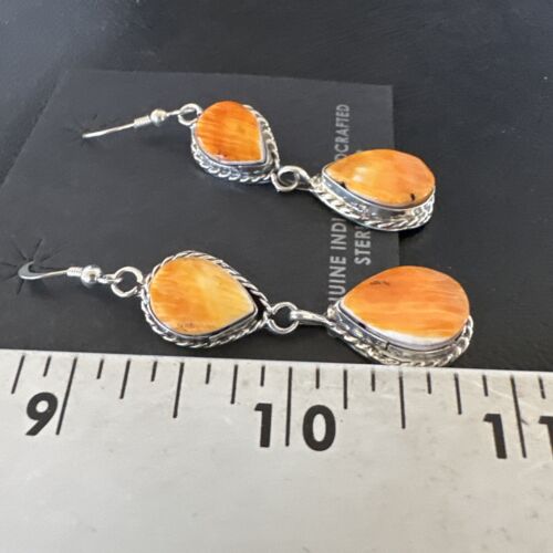 Navajo Orange Spiny Oyster Dangle Earrings | Sterling Silver | 1.5" | Authentic Native American Handmade | 16561