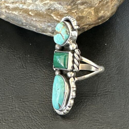 Navajo Blue Turquoise Malachite Cluster Ring | Authentic Native American Sterling Silver | Multi-Stone | Sz 10 | 17643