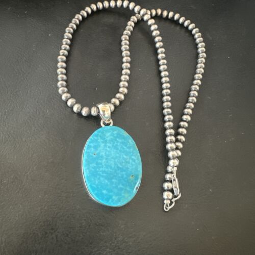 Blue Kingman Turquoise Pendant | Navajo Pearls | Sterling Silver Necklace 20" | 16689