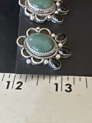 Navajo Black Onyx Green Jade Earrings | Sterling Silver | 1" | Authentic Native American Handmade | 15333