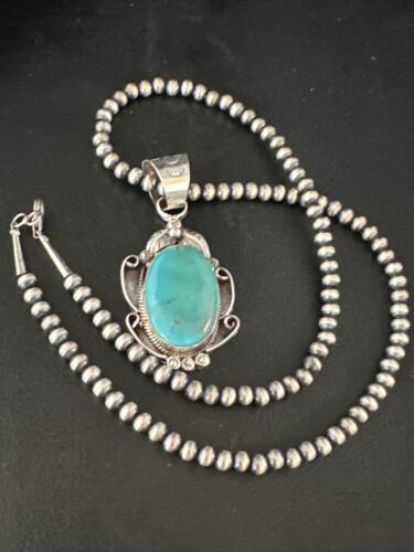 Navajo Pearls Blue Turquoise Necklace Pendant | Sterling Silver | Authentic Native American Handmade | 14878