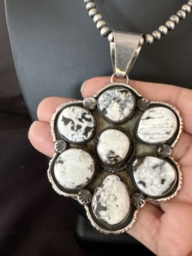 Navajo White Buffalo Turquoise Sterling Silver Pendant Necklace | Multi-Stone | 14898