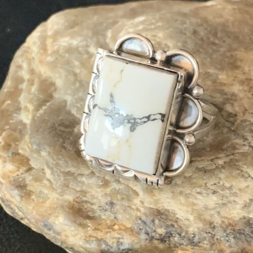 Navajo White Buffalo Turquoise Ring | Sterling Silver | Sz 8.5 | Authentic Native American Handmade | 13531