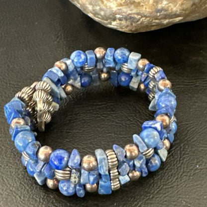 Navajo Lapis Silver Stainless Steel Memory Wire Bracelet | 6mm Beads | 6" | 17616