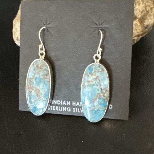 Navajo Blue Turquoise Dangle Earrings | Sterling Silver | Authentic Native American Handmade | 15429