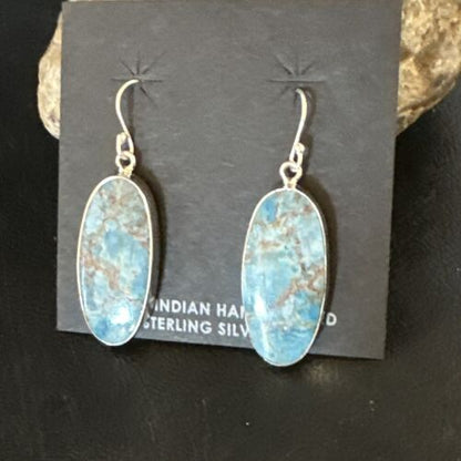 Navajo Blue Turquoise Dangle Earrings | Sterling Silver | Authentic Native American Handmade | 15429