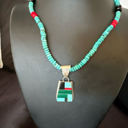 Navajo Turquoise Lapis Inlay Pendant Necklace | Sterling Silver | 20" | Authentic Native American Handmade | 17508