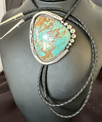 XL Men's Blue Turquoise #8 Bolo Tie | Navajo Sterling Silver | Authentic Native American Handmade | 17005