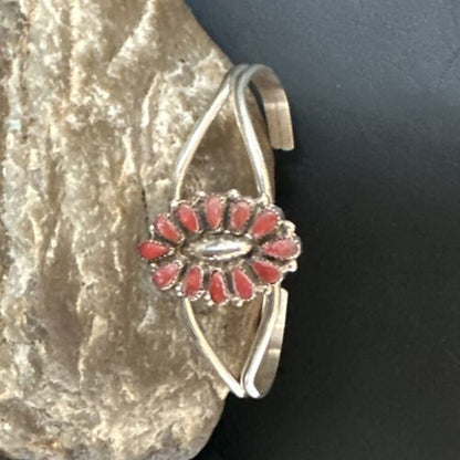 Navajo Red Coral Cluster Cuff Bracelet | Sterling Silver | Authentic Native American Handmade | 15245