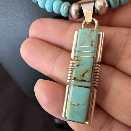 Turquoise #8 Inlay Pendant Necklace | Navajo Sterling Silver | Authentic Native American Handmade | 17121