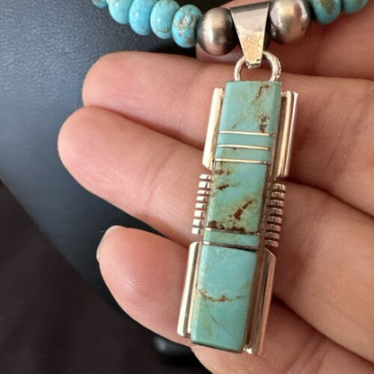 Turquoise #8 Inlay Pendant Necklace | Navajo Sterling Silver | Authentic Native American Handmade | 17121